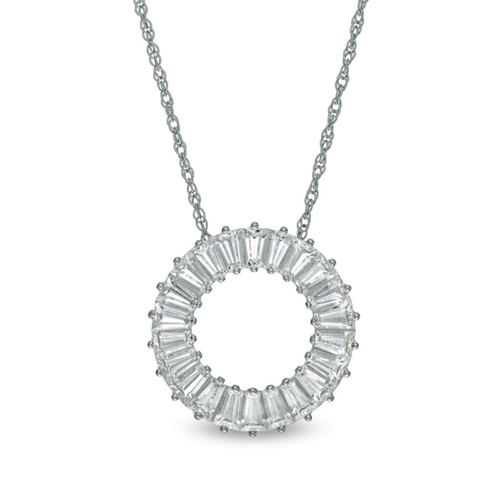 Baguette White Lab-Created Sapphire Circle Pendant in Sterling Silver 18”